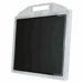 Black flat panel detector inside a white holder with integrated handle, shown at an angle.