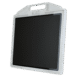Black flat panel detector inside a white holder with integrated handle, shown at an angle.