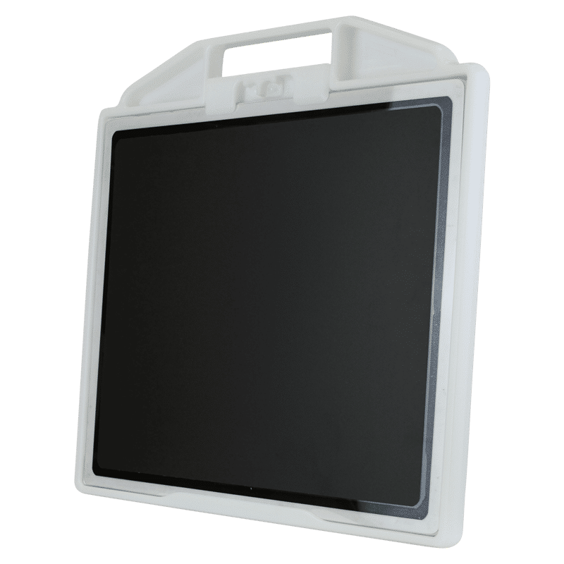 Black flat panel detector inside a white holder with integrated handle, shown at an angle.