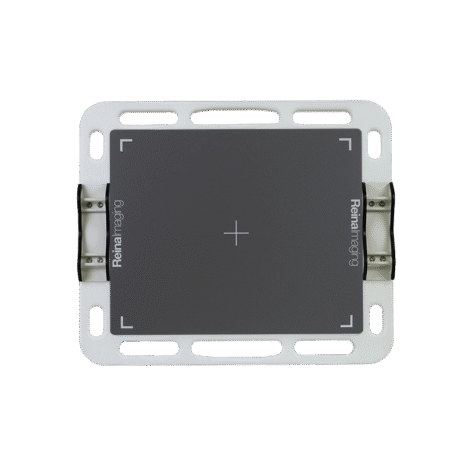 5-NDT4HFW_FRONT_CLEATS Rectangular gray imaging plate with a white frame and metal side clips, featuring a centered crosshair and corner markers.