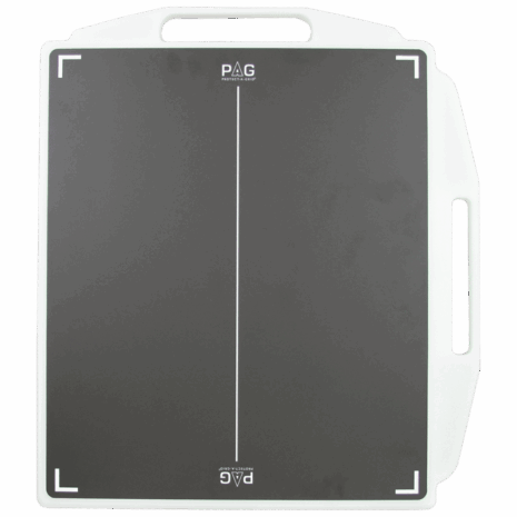 5-PB2H14_TUBE_PORT Front view of a black X-ray grid with white alignment markers and a white protective frame featuring two handles