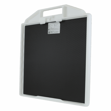 5-PBDR14-HERO-BACK Radiographic grid with white plastic frame and handle, showing carbon-fiber surface and label.