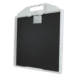 Radiographic grid with white plastic frame and handle, showing carbon-fiber surface and label.