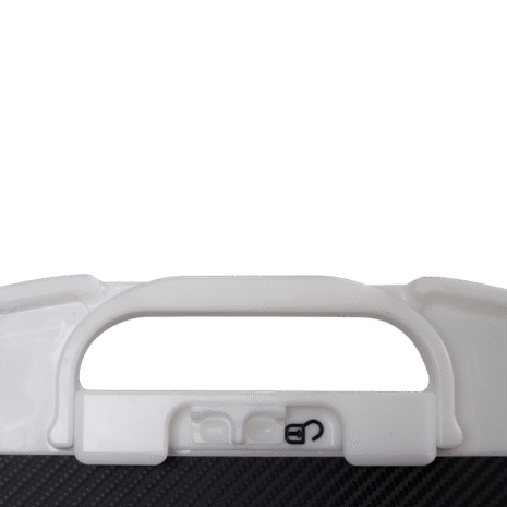 5-PBDRNG14-TWIN-LOCK Close-up of a white integrated handle with twin lock mechanism above a black textured panel.