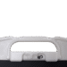 Close-up of a white integrated handle with twin lock mechanism above a black textured panel.
