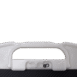 Close-up of a white integrated handle with twin lock mechanism above a black textured panel.