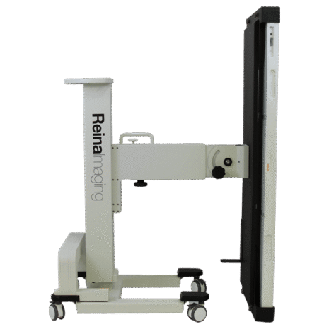 5-PROFILE-LOW-POSPGL Side view of a mobile X-ray panel holder with Reina Imaging branding, adjustable arm, and four caster wheels.