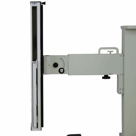 5-it_posp_profile Side view of a mobile X-ray panel holder showing the thin profile of the panel, adjustable arm mechanism, and wheeled base.