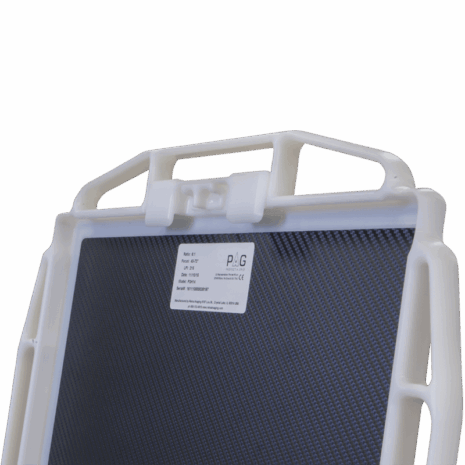 5-p3h14-lock-hero Angled view of a carbon fiber X-ray grid in a white protective frame with multiple handles and a PAG label.