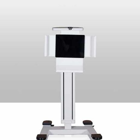 6 Mobile equipment stand with vertical column, wheeled base, and adjustable holder attachment
