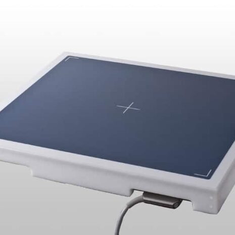 6-4 Flat rectangular panel with a dark blue surface, white edges, and a centered crosshair, featuring a connected cable.