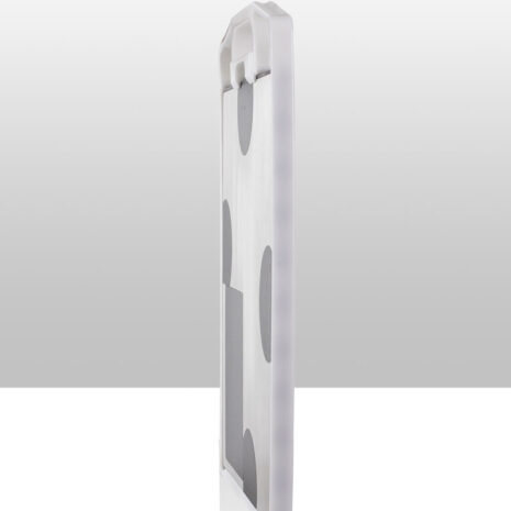 6-5 Side profile view of a thin imaging panel with a white frame and gray pads on the back.
