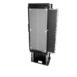 Angled view of a wall-mounted X-ray film holder with gray front panel, white alignment markings, and adjustable metal frame for radiographic imaging