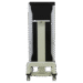 Rear view of a mobile X-ray panel holder with a vertical support column and four caster wheels.