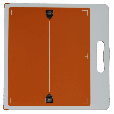 6-CC14_TUBE1 Orange X-ray grid with alignment markers and a white handle on the side.