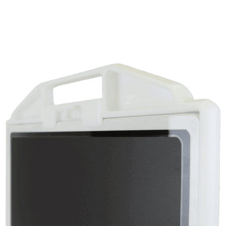 6-LB1417-HANDLE-HOLDER-ACTION Close-up of a black flat panel detector inside a white holder with integrated handle