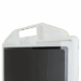 Close-up of a black flat panel detector inside a white holder with integrated handle