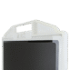 Close-up of a black flat panel detector inside a white holder with integrated handle