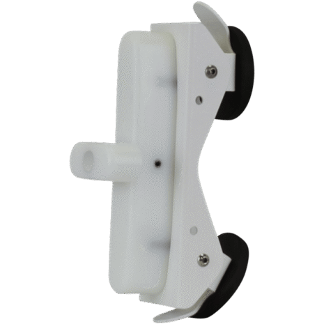 6-NDT4HFEMMK_2753 White adjustable holder with angled arms and black rubber pads, featuring multiple screws and a central mount.