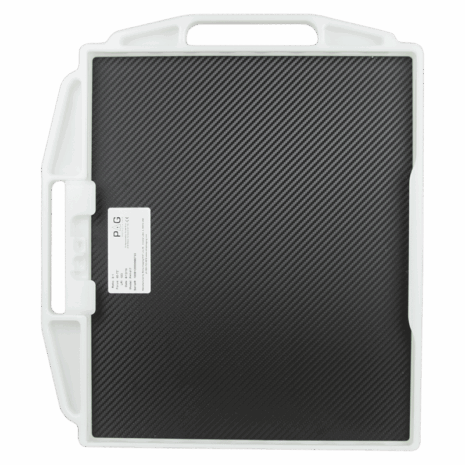 6-PB2H14_PORTRAIT_BACK Rear view of a carbon fiber X-ray grid in a white protective frame with multiple handles and a PAG label