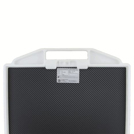 6-PBDR14-HANDLE-BACK Close-up of a carbon-fiber radiographic grid with a white plastic handle and label