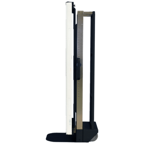 6-Profile-1 Side view of a tall metal cart with adjustable frame and caster wheels