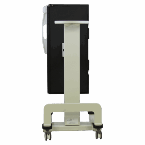6-it_posp_back Rear view of a vertical mobile X-ray panel holder with a central support column and four caster wheels.