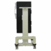 Rear view of a vertical mobile X-ray panel holder with a central support column and four caster wheels.