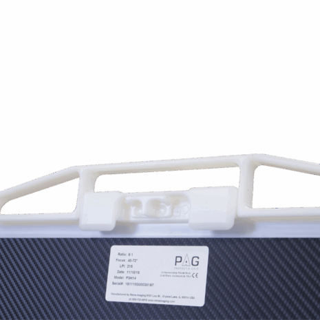 6-p3h14-lock Close-up of a white locking handle on a carbon fiber X-ray grid with a PAG label and specifications