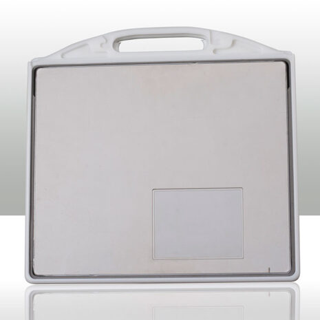 6_32 Rear view of a gray panel with a white frame, integrated handle, and rectangular access cover.