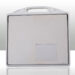 Rear view of a gray panel with a white frame, integrated handle, and rectangular access cover.