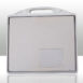 Rear view of a gray panel with a white frame, integrated handle, and rectangular access cover.