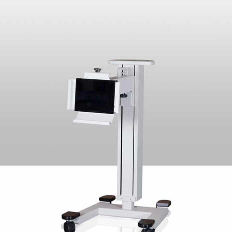 7 Mobile equipment stand with vertical column, wheeled base, and adjustable holder attachment