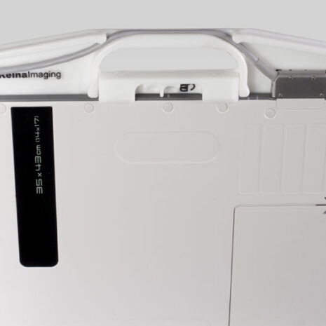 7-2 Rear view of a white panel with integrated handle, cable, and connector ports.