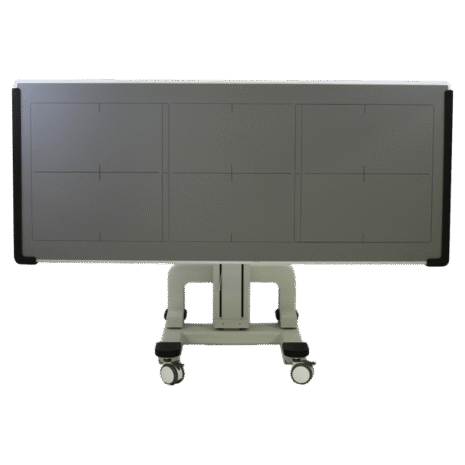 7-LANDSCAPE-HIGH-POSPGL Horizontal mobile X-ray panel holder with three alignment grids, mounted on a wheeled base for positioning.
