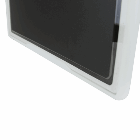 7-LB1417-BOTTOM-HOLDER-ACTION Close-up of a black flat panel detector partially enclosed in a white protective holder
