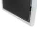 Close-up of a black flat panel detector partially enclosed in a white protective holder