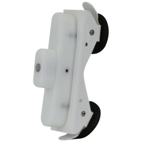 7-NDT4HFEMMK_2754 White adjustable holder with angled arms and black rubber pads, featuring multiple screws and a central mount.