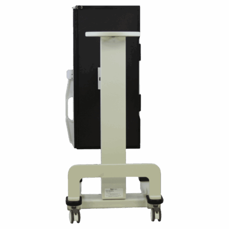 7-it_posp_back2 Rear view of a vertical mobile X-ray panel holder with a central support column and four caster wheels.