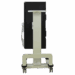 Rear view of a vertical mobile X-ray panel holder with a central support column and four caster wheels.