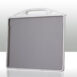 Angled view of a gray panel with a white frame and integrated handle.