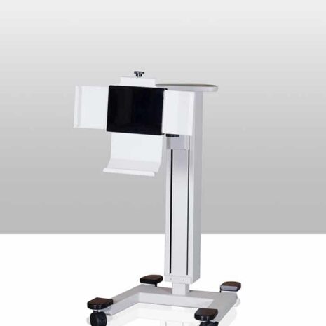 8 Mobile equipment stand with vertical column, wheeled base, and adjustable holder attachment