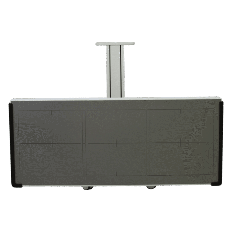 8-LANDSCAPE-LOW-POSPGL Horizontal mobile X-ray panel holder with three alignment grids and a central support column on caster wheels.