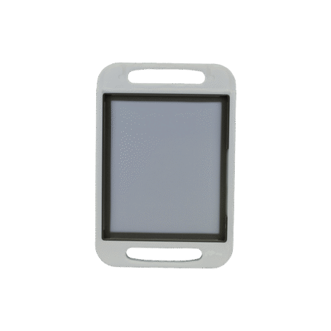 8-NDT2HFE_BACK-OPEN Front view of a white holder with gray inner lining and integrated handles at top and bottom, designed to secure a rectangular panel.
