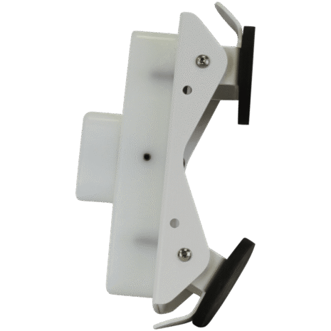 8-NDT4HFEMMK_2755 White adjustable holder with angled arms and black rubber pads, featuring multiple screws and a central mount.