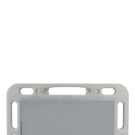 8-NDT4HFE_HANDLE Close-up of the top section of a white case showing handle cutouts and locking mechanism.