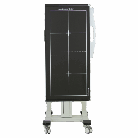 8-it_posp_tube_panel-up Vertical mobile X-ray panel holder with alignment markers and a side-mounted removable panel handle, positioned on a wheeled base.