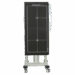 Vertical mobile X-ray panel holder with alignment markers and a side-mounted removable panel handle, positioned on a wheeled base.