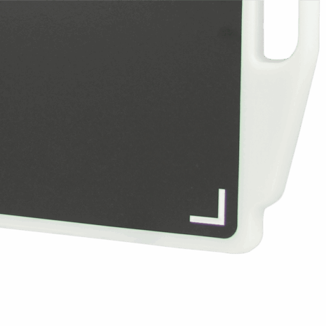 9-HD_CORNER_DETAIL Close-up of a black X-ray grid corner with white frame and alignment marker