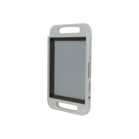 9-NDT2HFE_BACK-OPEN-HERO Angled view of a white holder with gray inner lining, integrated handles at top and bottom, and elongated side slots.